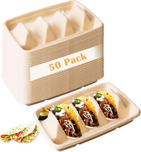 Nexboraque Paquete de 50 soportes desechables para tacos, 3 compartimentos, platos biodegradables para tacos, juego de barra para servir una fiesta,