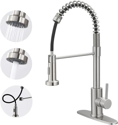 Miniatura 9 de VOTON Grifos de Cocina con Rociador Extraíble, Grifo de Fregadero Comercial de Primavera, Acero Inoxidable, Dorado Cepillado, Grifo Abatible de Una