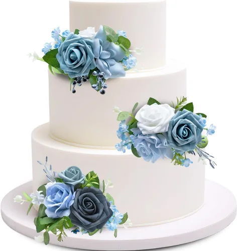 Miniatura 9 de Marriwise 3 piezas de flores prefabricadas, decoración de pastel de boda rosa baya, decoración de flores artificiales para boda, ceremonia