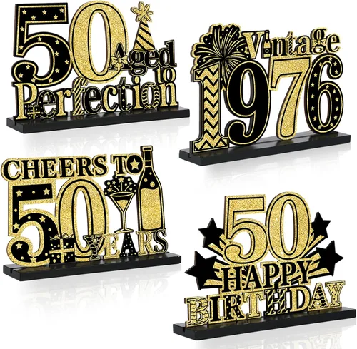 4 piezas de decoración de mesa de cumpleaños número 50, decoración vintage de 1976 para fiesta de cumpleaños de color negro dorado de 1976,