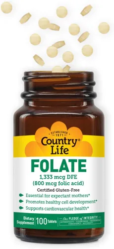 Miniatura 2 de Country Life Folato 800 mcg (ácido fólico), apoya el desarrollo celular saludable y la salud cardíaca, apoyo prenatal para mujeres, 100 tabletas