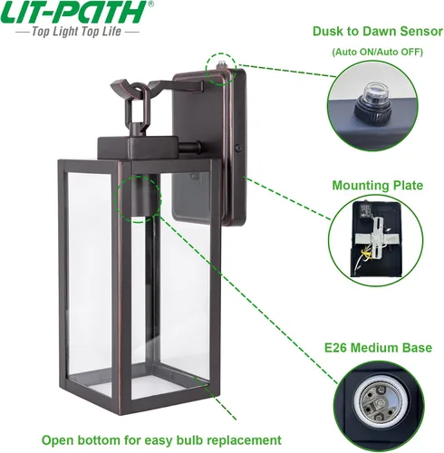 Miniatura 2 de LIT-PaTH Farol de pared para exteriores, aplique de pared como accesorio de iluminación de porche, base mediana E26 máximo 60 W, metal antioxidante