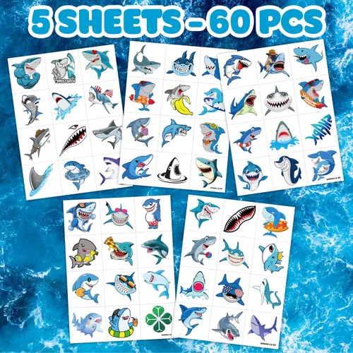 Miniatura 3 de 60 tatuajes temporales de tiburón para niños, calcomanías de tatuaje falsas precortadas para niños y niñas, temática de océano bajo el mar