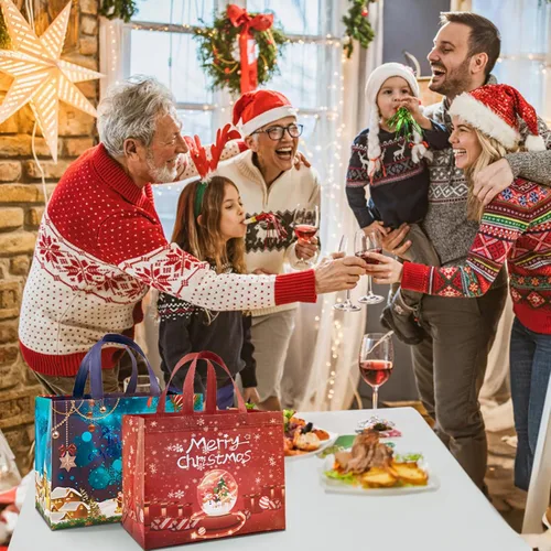 Miniatura 6 de YANGTE Paquete de 16 bolsas de Navidad con asas, bolsas de regalo no tejidas, 12.8" 9.8" 6.7" 16-Pack De