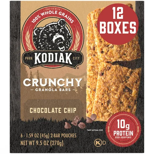 Kodiak Cakes Barritas crujientes de granola Protien, chispas de chocolate, alto contenido de proteínas, 100% granos integrales, 12 cajas con 6