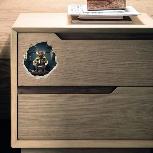 Miniatura 4 de Mouse de fútbol en el inodoro en el agujero del ratón, calcomanía de pared 3D, decoración del hogar de dibujos animados, arte de vinilo, estantería