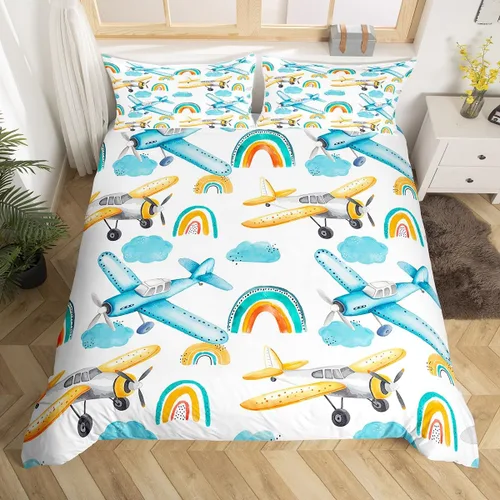 Erosebridal Funda de edredón de avión tamaño individual, juego de ropa de cama de aviones de dibujos animados para adolescentes, color verde azulado