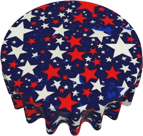 Mantel redondo de 60 pulgadas, mantel de estrellas rojas y blancas (apto para mesa de 20 a 47 pulgadas) para cenas, reuniones familiares, decoración