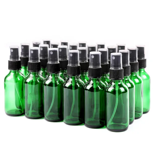 NOOEEISS Botella de Spray Pequeña de Vidrio Verde 2 oz 24 Paquetes, Rociador de Niebla Fina Botellas Pequeñas Transparentes, Contenedores