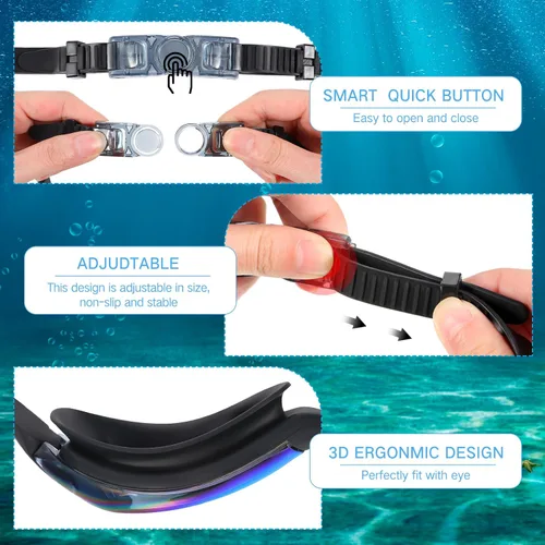 Miniatura 3 de Flutesan Paquete de 6 gafas de natación para adultos, antiniebla, con tapones para los oídos, clip para la nariz, sin fugas, protección completa