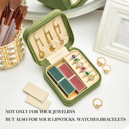 Miniatura 5 de Joyero de viaje, pequeño joyero de terciopelo de felpa para mujeres y niñas, organizador portátil de joyería para anillos, aretes, collares