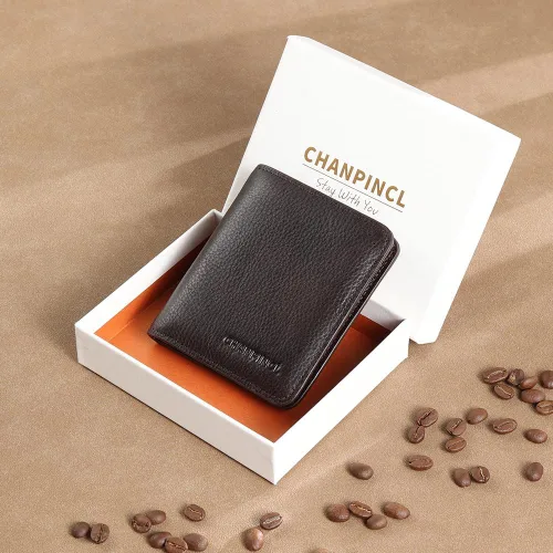 Miniatura 5 de Cartera de cuero con cremallera para hombre, con bloqueo RFID, mini billetera portátil con múltiples ranuras para tarjetas para billetes, Café