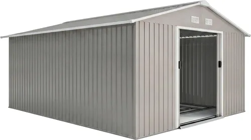 Miniatura 11 de Outsunny Cobertizo de almacenamiento exterior de 11' x 13', cobertizo de metal para herramientas de jardín con kit de cimentación, puerta con doble