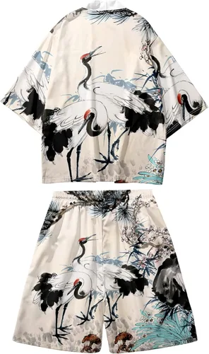 DOSLAVIDA Conjunto de chaqueta kimono japonesa para hombre, elegante abrigo frontal abierto con pantalones cortos, estilo chino, cárdigan impreso,