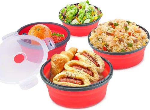 Miniatura 9 de Guyuyii Paquete de 4 Cuencos Plegables de Silicona con Tapas - Recipientes Redondos Anidables de Almacenamiento de Alimentos para Camping, RV y Rojo