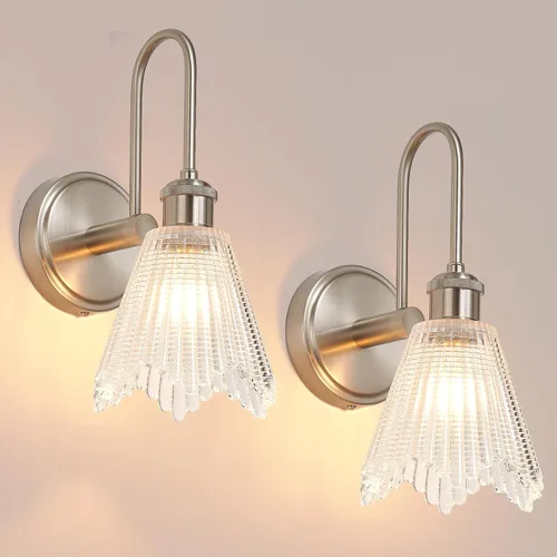 Juego de 2 apliques de pared, lámparas vintage de níquel con pantalla larga de vidrio transparente, apliques cableados para dormitorio, baño, sala