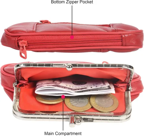 Miniatura 3 de Monedero de cuero con doble cierre de cremallera para mujer 5 14 pulgadas x 3 14 pulgadas Rojo billetera estilizada
