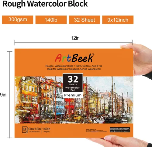 ArtBeek Bloque de papel de acuarela, bloque de acuarela de 9 x 12 pulgadas, 32 hojas, 100% algodón, áspero 140 libras/10.58 oz/m²
