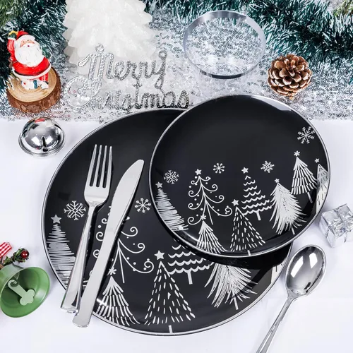 Miniatura 2 de KIRE Juego de 150 platos de Navidad desechables y vajilla para 25 invitados, platos negros y plateados, cubiertos de plástico y tazas con borde