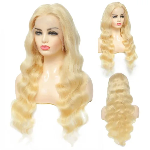 Miniatura 2 de Peluca de cabello humano con encaje frontal de onda corporal, rubio 613, brasileña 13x4, peluca frontal de encaje rubio de 200 densidad, nudos Rubio
