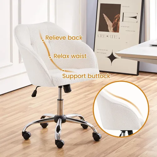 Miniatura 5 de Yaheetech Boucle - Silla de tocador de escritorio con respaldo, cómoda silla de oficina giratoria esponjosa con ruedas, altura ajustable, ángulo
