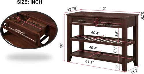 Miniatura 2 de RUNNA Mesa de sofá consola con 2 cajones de almacenamiento y estantes de 2 niveles, aparador de madera maciza para sala de estar, muebles, cocina