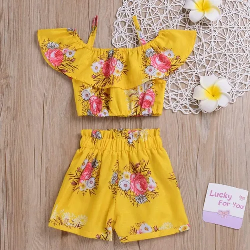 Miniatura 2 de Conjunto de ropa de verano con cuello halter floral y tirantes amarillos y pantalones cortos