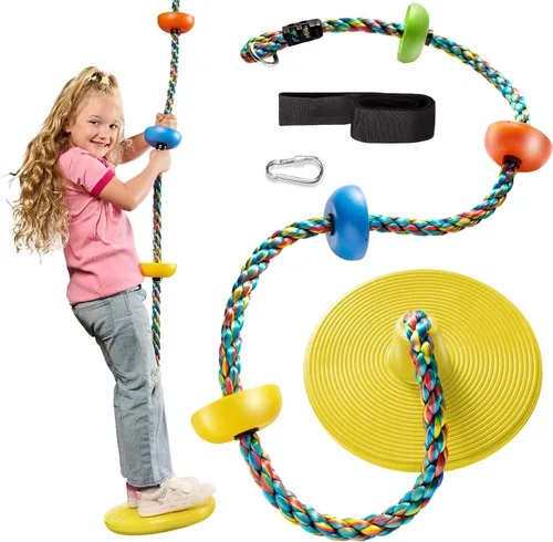 Jungle Gym Kingdom Columpio de Árbol para Niños - Asiento de Disco Individual y Set de Cuerda de Escalada Arcoíris con Mosquetón y Correa de 2.6