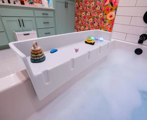 Tub Topper® Protector contra salpicaduras de bañera y estante de baño para niños, bandeja de baño para niños, almacenamiento de juguetes de baño y