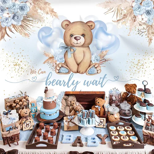 Miniatura 3 de Telón de fondo de baby shower con diseño de oso para baby shower, estilo bohemio, flor azul con texto en inglés "We can Bearly Wait", globos