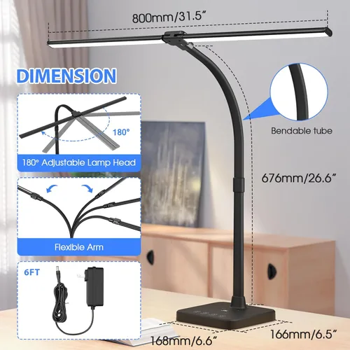 Miniatura 3 de ShineTech Lámpara de escritorio LED para oficina en casa, luz de escritorio de doble cabezal de 24 W con carga inalámbrica, puerto USB, 25 modos