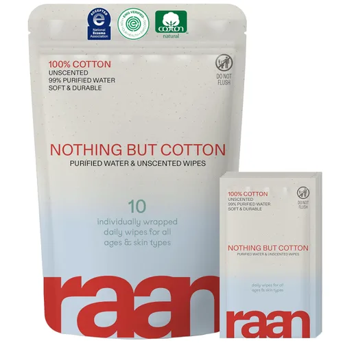 Raan, 100% algodón, 99% agua purificada, toallitas limpiadoras faciales y corporales, sin fragancia, sin blanquear, hipoalergénicas, verificadas por