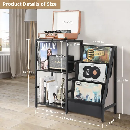 Miniatura 5 de Bikoney Soporte para Tocadiscos, Soporte para Tocadiscos con Almacenamiento de Discos de Vinilo de 3 Niveles, Mesa para Tocadiscos de Hasta 200