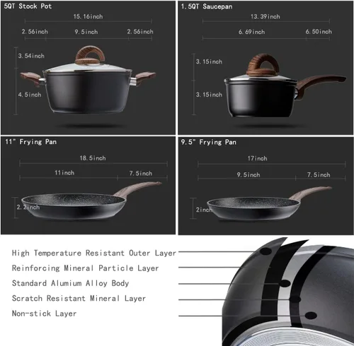 Miniatura 6 de Vkoocy Juego de ollas y sartenes antiadherentes, juego de utensilios de cocina de cerámica con patrón de granito, juegos de cocina de inducción