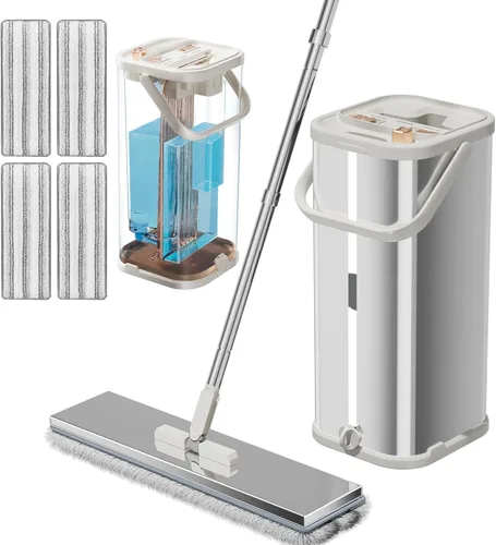 Miniatura 9 de Separa el juego de trapeador y cubo de agua sucia para el hogar con 4 recambios adicionales, trapeador y cubo de acero inoxidable con escurridor