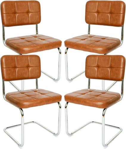 Miniatura 11 de CangLong Juego de 2 sillas de comedor de terciopelo, sillas de comedor de ratán con patas de metal y respaldo de ratán de malla natural, sillas