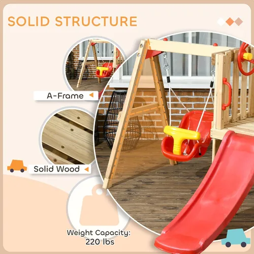 Miniatura 3 de Outsunny Juego de columpios para patio trasero, juego de madera para exteriores con asiento de columpio para bebé, tobogán para niños, fuerte, Rojo