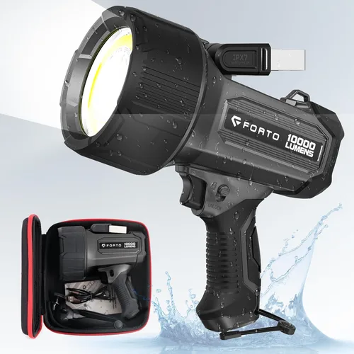 FORTO Foco recargable de 10,000 lúmenes, linterna impermeable IPX7 ultra brillante, foco de barco con estuche de transporte EVA, 7 modos de luz,