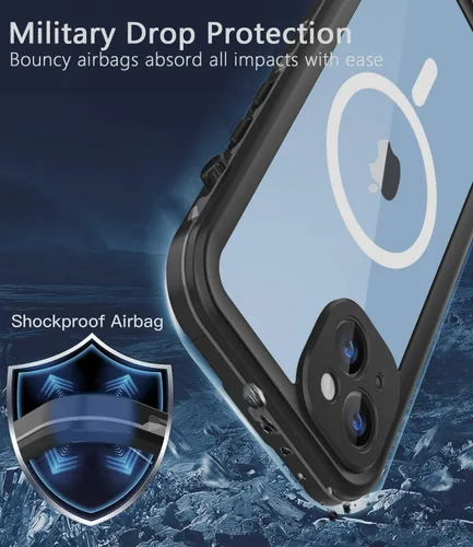 Miniatura 4 de Funda impermeable para iPhone 14, a prueba de golpes, a prueba de polvo, protector de pantalla integrado, anillo magnético negro
