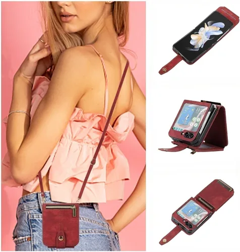UEEBAI Funda tipo cartera cruzada para Samsung Galaxy Z Flip 5 5G, ranuras para tarjetas, cubierta cruzada ajustable con cremallera, correa de Rojo