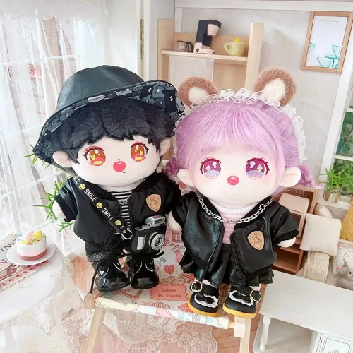 Miniatura 4 de niannyyhouse Muñeca de peluche de 7.9 in, chaqueta de piel, falda a rayas, camiseta de 8 pulgadas, ropa de muñeca de peluche (A-Girl)