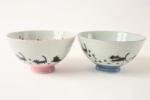 Miniatura 6 de Mino ware - Par de cuencos de arroz japoneses (2 unidades), fabricado en Japón (importación de Japón) MIG005 (gato negro)