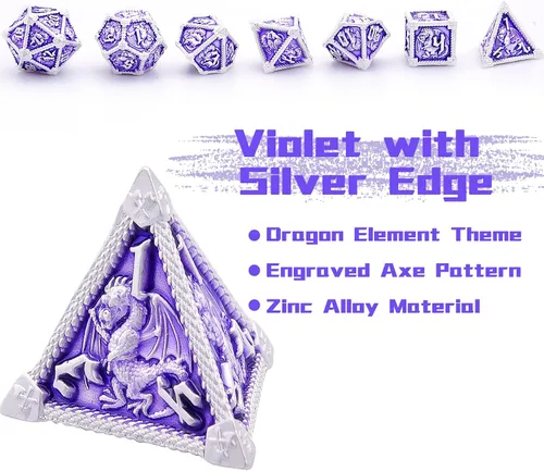 Miniatura 3 de AUSTOR Juego de dados de metal DND de 7 troqueles, juego de dados poliédricos de Calabozos y Dragones con caja D20 D12 D10 D% D8 D6 D4 para Violeta