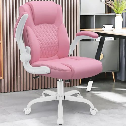 Miniatura 2 de Silla de cuero PU con soporte ergonómico lumbar, gira 360°, pequeña, ruedas, reposabrazos ajustables, para gente chaparra, para escritorio, Rosa