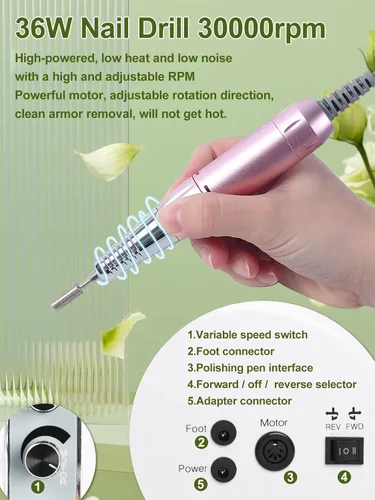 Miniatura 4 de Colector de polvo de uñas 5 en 1, máquina profesional de taladro eléctrico de uñas de 30000 rpm, lámpara de uñas LED UV para manicura en salón