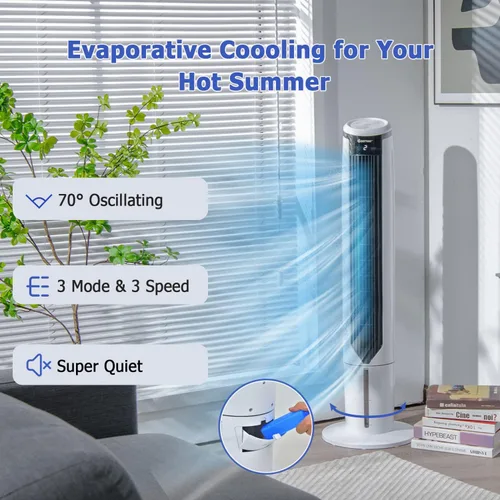 Miniatura 2 de ARLIME Enfriador de aire evaporativo, ventilador de torre de enfriamiento portátil 3 en 1 con control remoto, oscilación de 70°, 3 velocidades