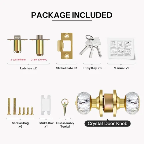 Miniatura 4 de Pomos de puerta de cristal con cerradura y llaves con cerradura de privacidad, lujosos pomos de puerta de cristal clásicos de diamante