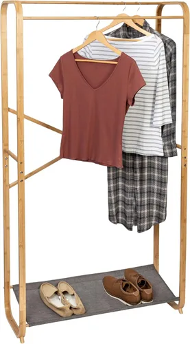 Miniatura 3 de Honey-Can-Do Perchero de bambú, 2 barras de ropa, Estante de zapatos de lona, Almacenamiento de ropa