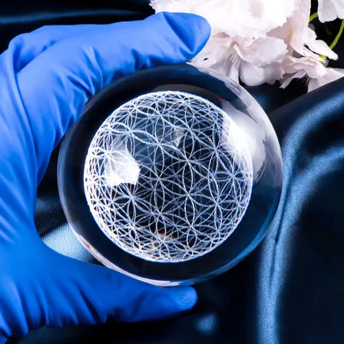 Miniatura 5 de Qianwei Esfera de Cristal Flor de la Vida con Base Táctil de Iluminación LED Colorida, Bola de Cristal de Geometría Sagrada Starlight Magic