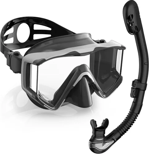 Miniatura 14 de Greatever Juego de esnórquel Pano de 3 ventanas para adultos, vista panorámica amplia, máscara de buceo antivaho, antifugas, gafas de esnórquel